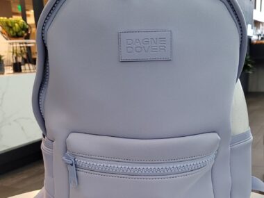 The Dagne Dover Large Dakota backpack in Heron sits on a table