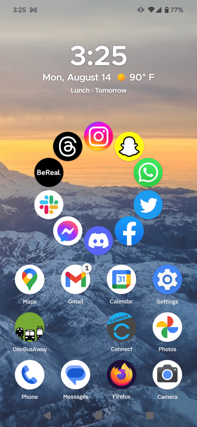 A screenshot of a home screen on the Google Pixel 7 Pro using the Flower icon widget from Smart Launcher 6