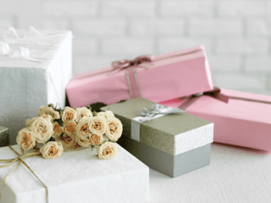 Gift boxes splayed out on a table