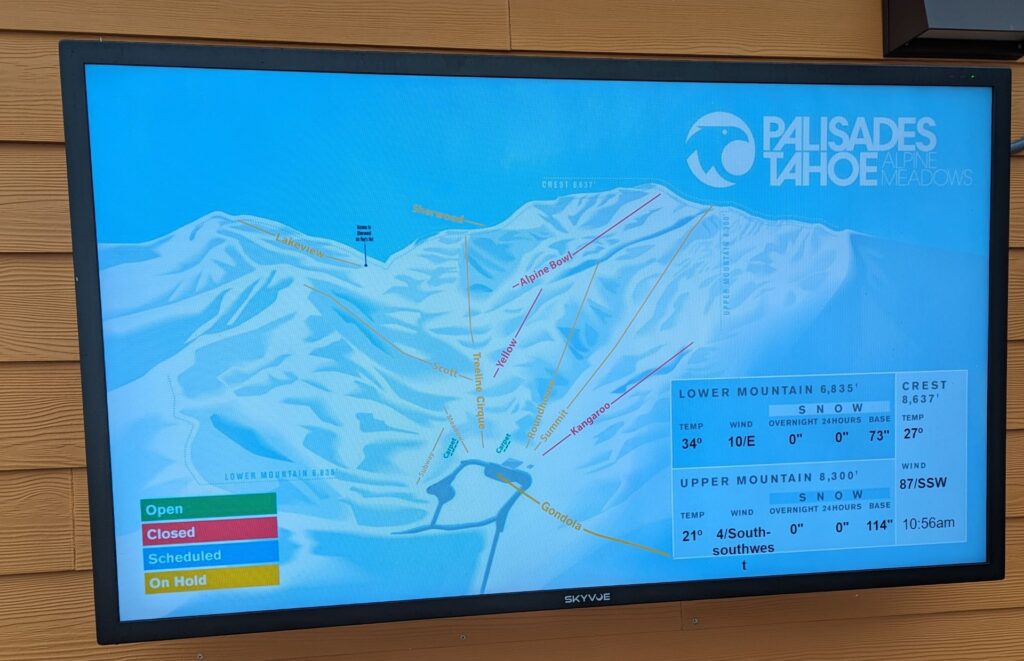 A screen showing all chairs closed at Alpine Meadows