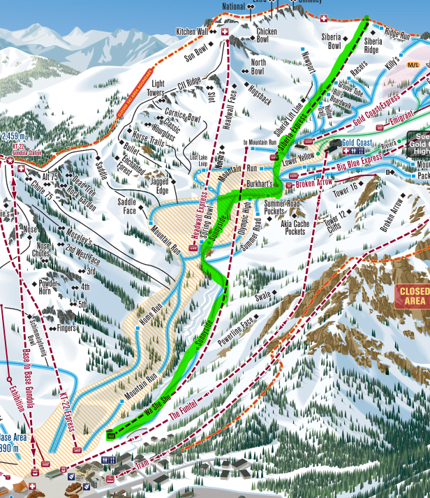 Highlighted map of Palisades Tahoe showing the best run of Day 1