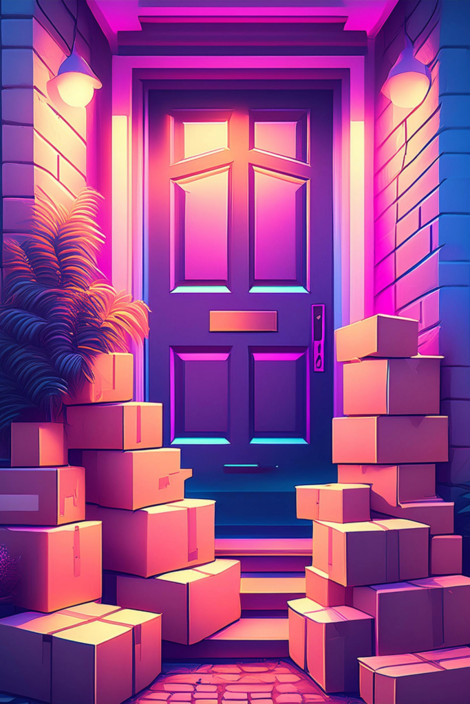 Conceptual art of a pile of boxes from Prime Day outside of an entryway