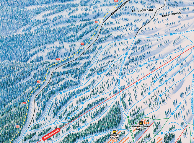 A screenshot of the ski resort map of the terrain off of Cloudchaser