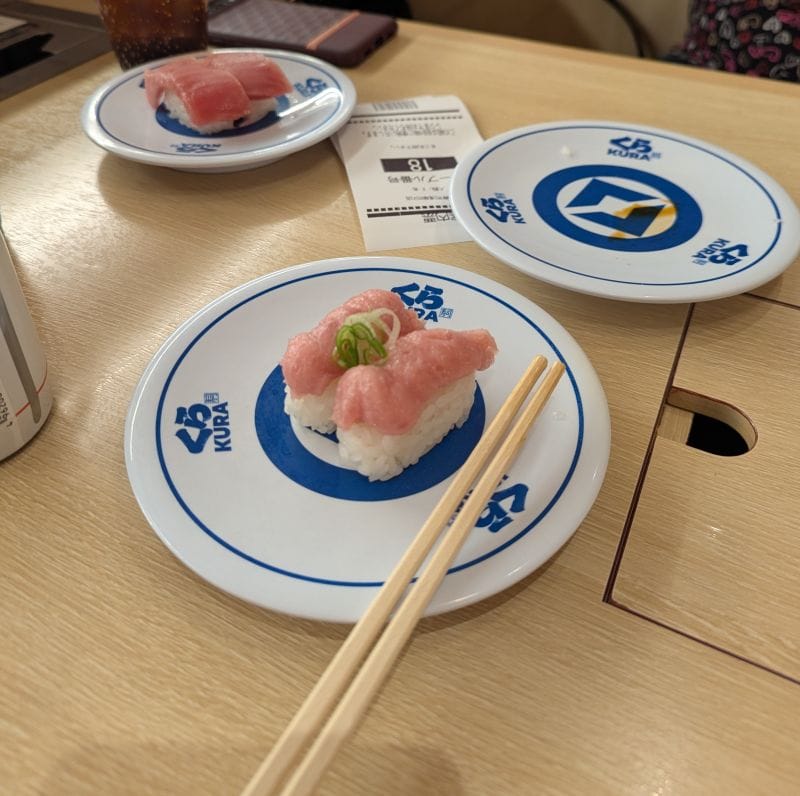 Sushi from Kura Sushi, a conveyor belt sushi restaurant in Tokyo