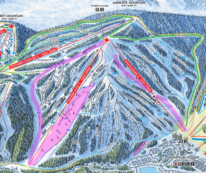 A ski map of Andesite Mountain at Big Sky Resort with highlighted runs