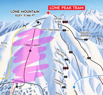 A map of the Lone Mountain, highlighting the Libery bowl at Big Sky Resort