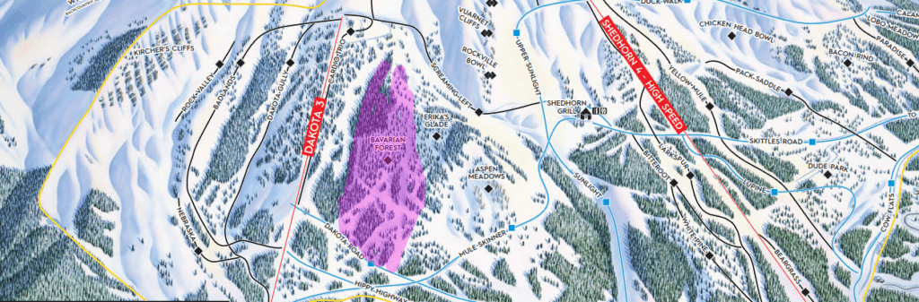 A map of the South Peak area at Big Sky Resort with the Bavarian Forest highlighted