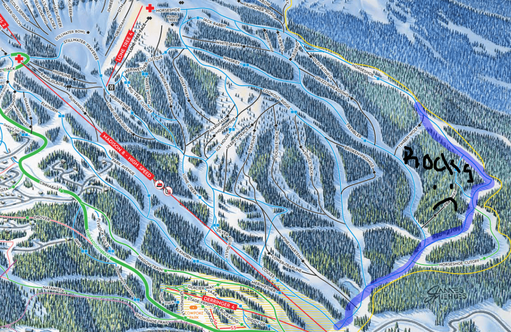 A map of the Madison Base Area of Big Sky Resort highlighting part of the Horseshoe run